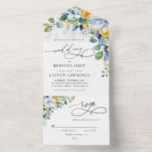 Elegante bloemengele witte blauwe bruiloft all in one uitnodiging (Binnen)