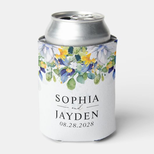 Elegante bloemengele witte blauwe bruiloft blikjeskoeler (Blikje Voorkant)