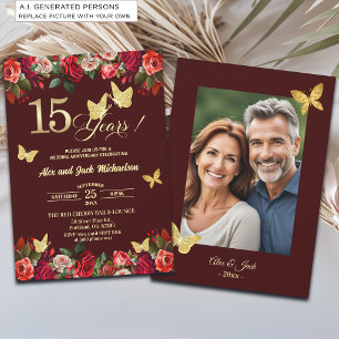 Elegante bloemengoud 15e trouwjubileum foto kaart