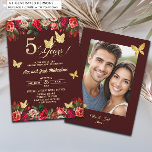 Elegante bloemengoud 5e trouwjubileum foto kaart