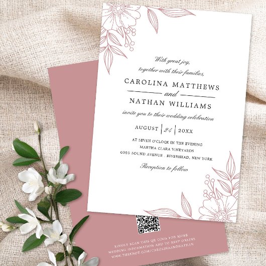 Elegante Bloemenhoeken Bruiloft Blush Roze QR Code Kaart