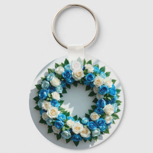 Elegante bloemenkrans blauwe en witte rozen sleutelhanger