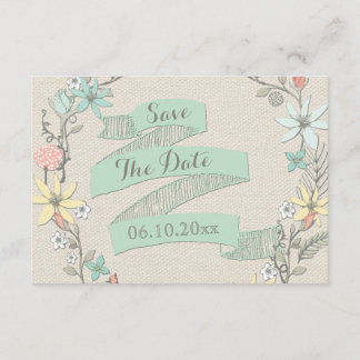 Elegante bloemenkrans en banner Save The Date Kaart
