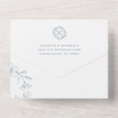 Elegante bloemenkrans stoffig blauwe trouw  all in one uitnodiging (Achterkant)