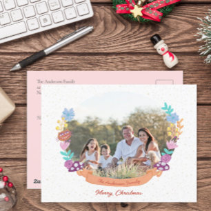 Elegante Bloemenkrans Witte Kerstfoto Feestdagenkaart