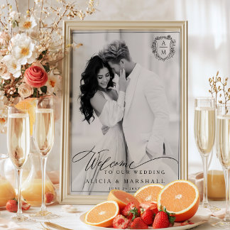 Elegante bloemenkroon foto bruiloft welkom poster