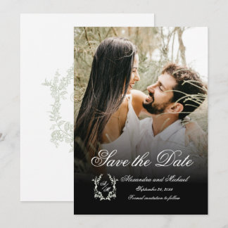 Elegante Bloemenkroon Monogram Foto Overlay Save The Date