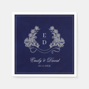 Elegante Bloemenkroon Navy Monogram Papieren Serve Servet