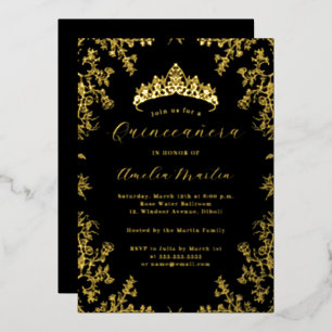 Elegante  Bloemenkruid Zwart Quinceanera Folie Uitnodiging