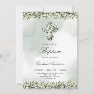 Elegante bloemenkruis witte lelies & rozen Doop Kaart