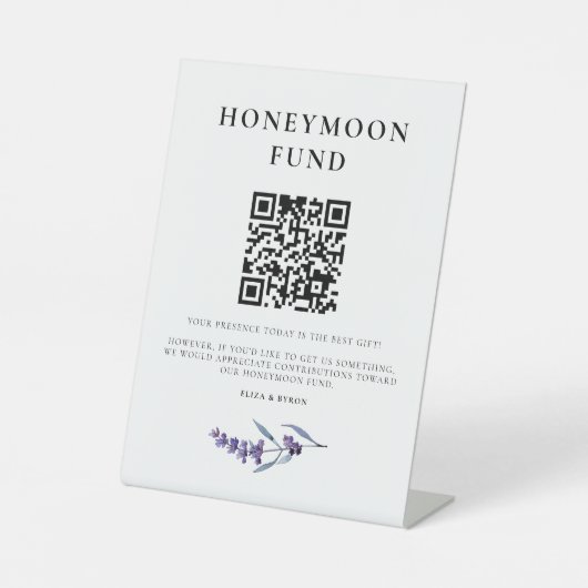 Elegante Bloemenlavendel Honeymoon Fund QR-code Reclamebord Met Voetstuk (Voorkant)