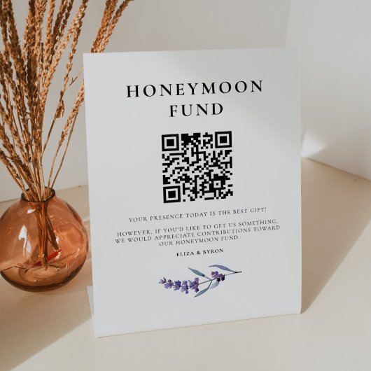 Elegante Bloemenlavendel Honeymoon Fund QR-code Reclamebord Met Voetstuk