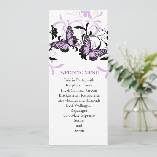 Elegante Bloemenlavendel Vlinder Bruiloft Menu (Staand voorkant)