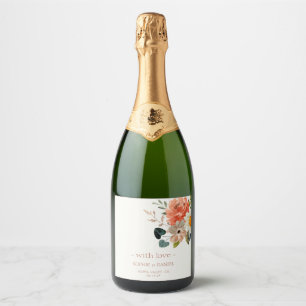 Elegante bloemenpaar Waterverf bruiloft met liefde Sparkling Wijnetiket
