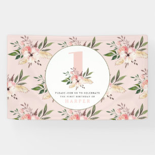 Elegante bloemenroze girly verjaardagsfeestje spandoek