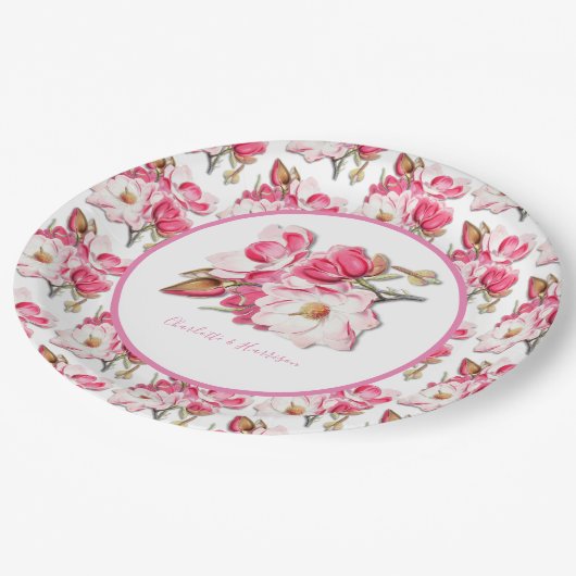 Elegante bloemenroze Waterverf Magnolia bruiloft Papieren Bordje (Gekanteld)