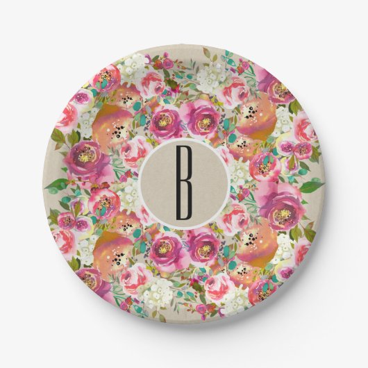 Elegante bloemenrustieke chique kraft monogram bru papieren bordje (Voorkant)