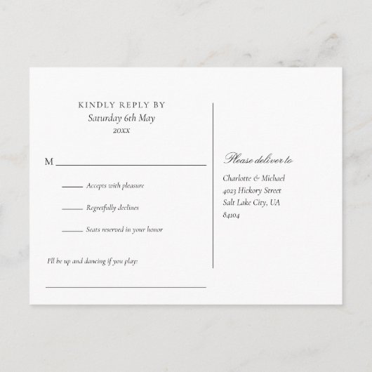 Elegante Bloemenscript Liedverzoek RSVP Briefkaart (Achterkant)