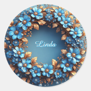 Elegante bloemenslingers van blauwe en gouden elem ronde sticker
