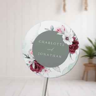Elegante bloemensmaragd groen & bordeaux bruiloft ronde sticker