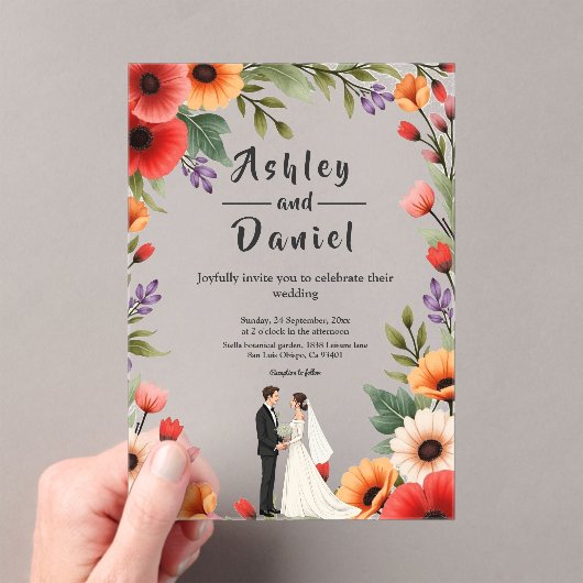 Elegante Bloementuin Bruid & Bruidegom Zomer Huwel Acryl Uitnodigingen (Insitu (Draagbaar))