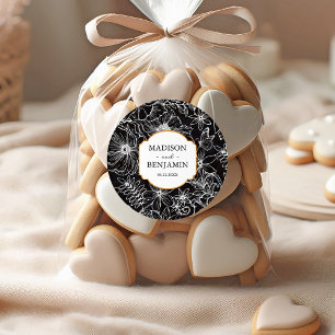 Elegante bloementuin goud zwart wit trouwen ronde sticker