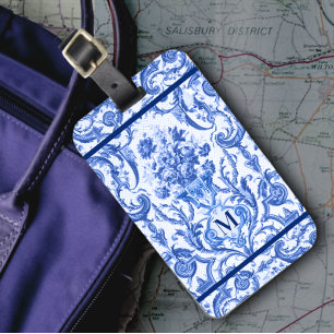 Elegante bloemenvaas Blauw toile de jouy monogram Bagagelabel