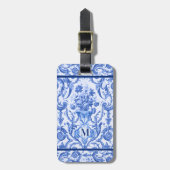 Elegante bloemenvaas Blauwe toile de jouy monogram Bagagelabel (Voorkant verticaal)