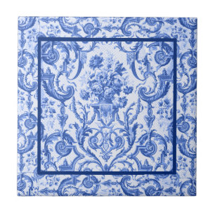 Elegante bloemenvaas Blauwe toile de jouy monogram Tegeltje