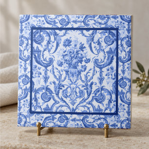 Elegante bloemenvase Blauwe toile de jouy monogram Tegeltje