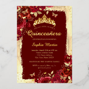 Elegante Bloemenvlinder Rood Goud Quinceanera Folie Uitnodiging