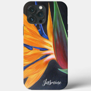 Elegante bloemenvogel van het paradijs naamschrift iPhone 13 pro max hoesje