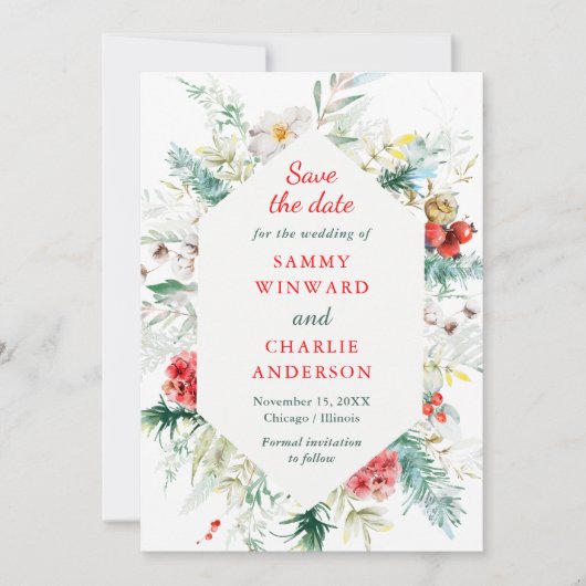 Elegante bloemenwinter bruiloft Bewaar de datum Kaart (Voorkant)