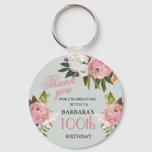 Elegante bloemige 100ste verjaardagsfeestfavoriet sleutelhanger