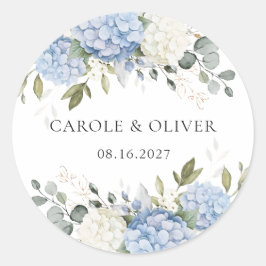 Elegante bloemige blauwe hortensia groen wedding ronde sticker
