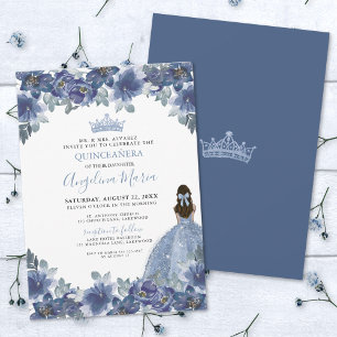 Elegante Bloemige Blauwe Quinceanera Uitnodiging