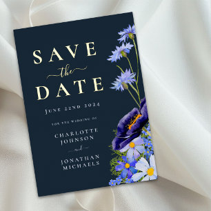 Elegante bloemige blauwe trouwkaart 'Save the Date Folie Uitnodiging