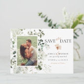 Elegante Bloemige Boho Groene Trouwfoto Save The Date (Staand voorkant)