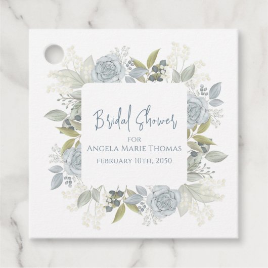 Elegante Bloemige Bruidsdouche Stofblauwe Rozen Bedankjes Labels (Voorkant)