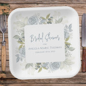 Elegante Bloemige Bruidsdouche Stofblauwe Rozen Papieren Bordje