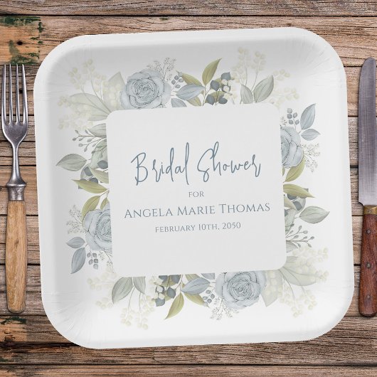 Elegante Bloemige Bruidsdouche Stofblauwe Rozen Papieren Bordje