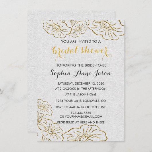 Elegante Bloemige Bruiloft Uitnodiging met Gouden  (Voorkant / Achterkant)