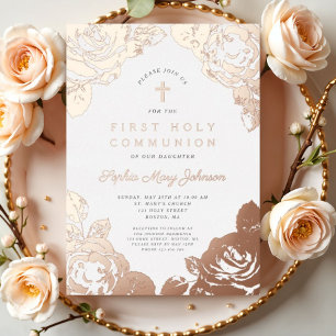 Elegante bloemige eerste communie roze goud folie uitnodiging