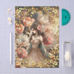 Elegante Bloemige Exotische Vrouw & Gouden Lijst D Tissuepapier