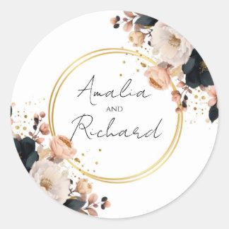 Elegante bloemige gepersonaliseerde trouwsticker ronde sticker