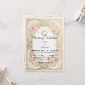 Elegante bloemige gouden trouwuitnodiging | Bewerk Kaart