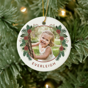 Elegante bloemige groene kerst 2 foto kinderen keramisch ornament