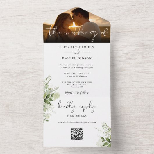 Elegante Bloemige Groene QR-code Trouwfoto All In One Uitnodiging (Binnen)