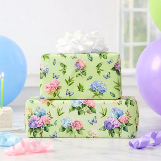 Elegante Bloemige Hortensia Vlinder Groen Geschenk Cadeaupapier