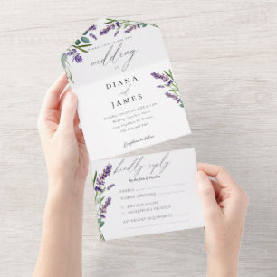 Elegante Bloemige Lavendel Calligrafie Bruiloft All In One Uitnodiging